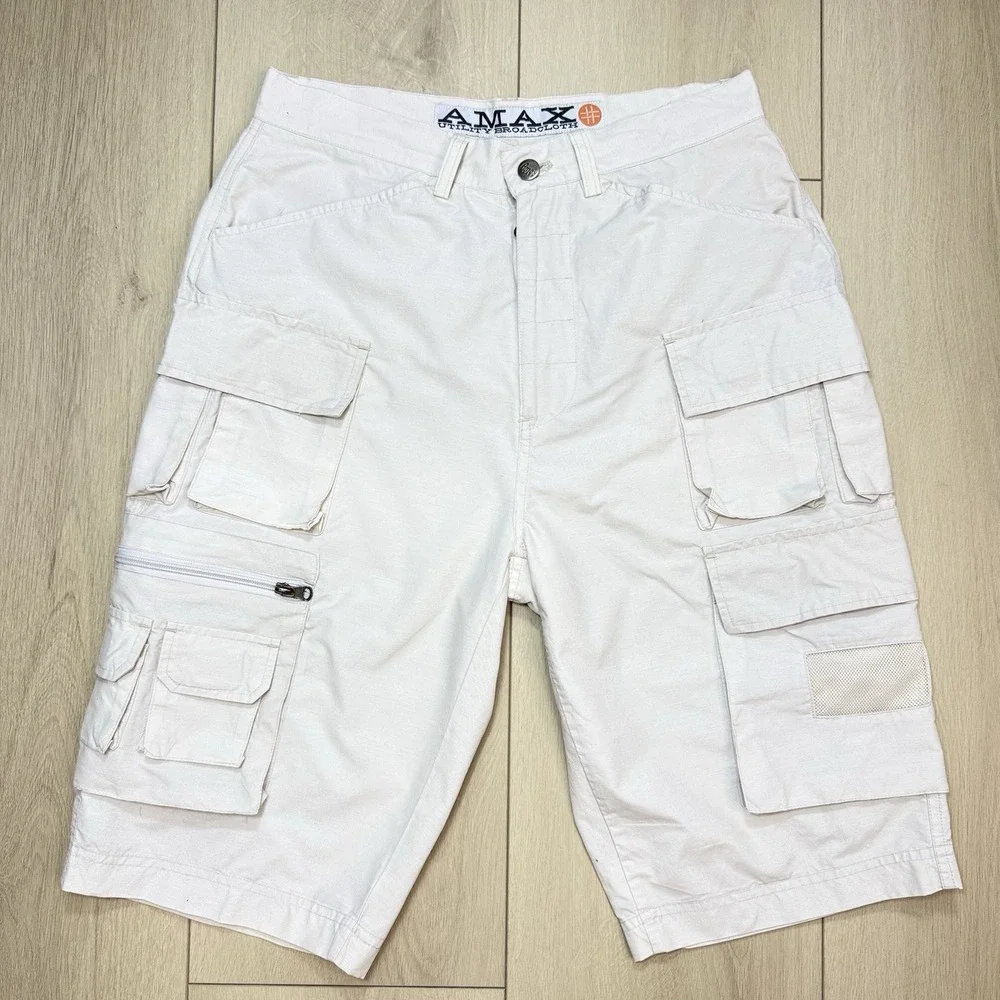 Y2K Amax Utility Broadcloth Mens 30 White Cargo Shorts Hip Hop Skater Pockets Sz